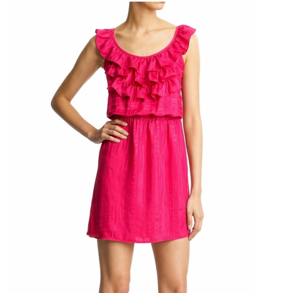 Amanda Uprichard Y2K Silk Ruffle Mini‎ Dress Hot Pink Sleeveless Small Vintage
